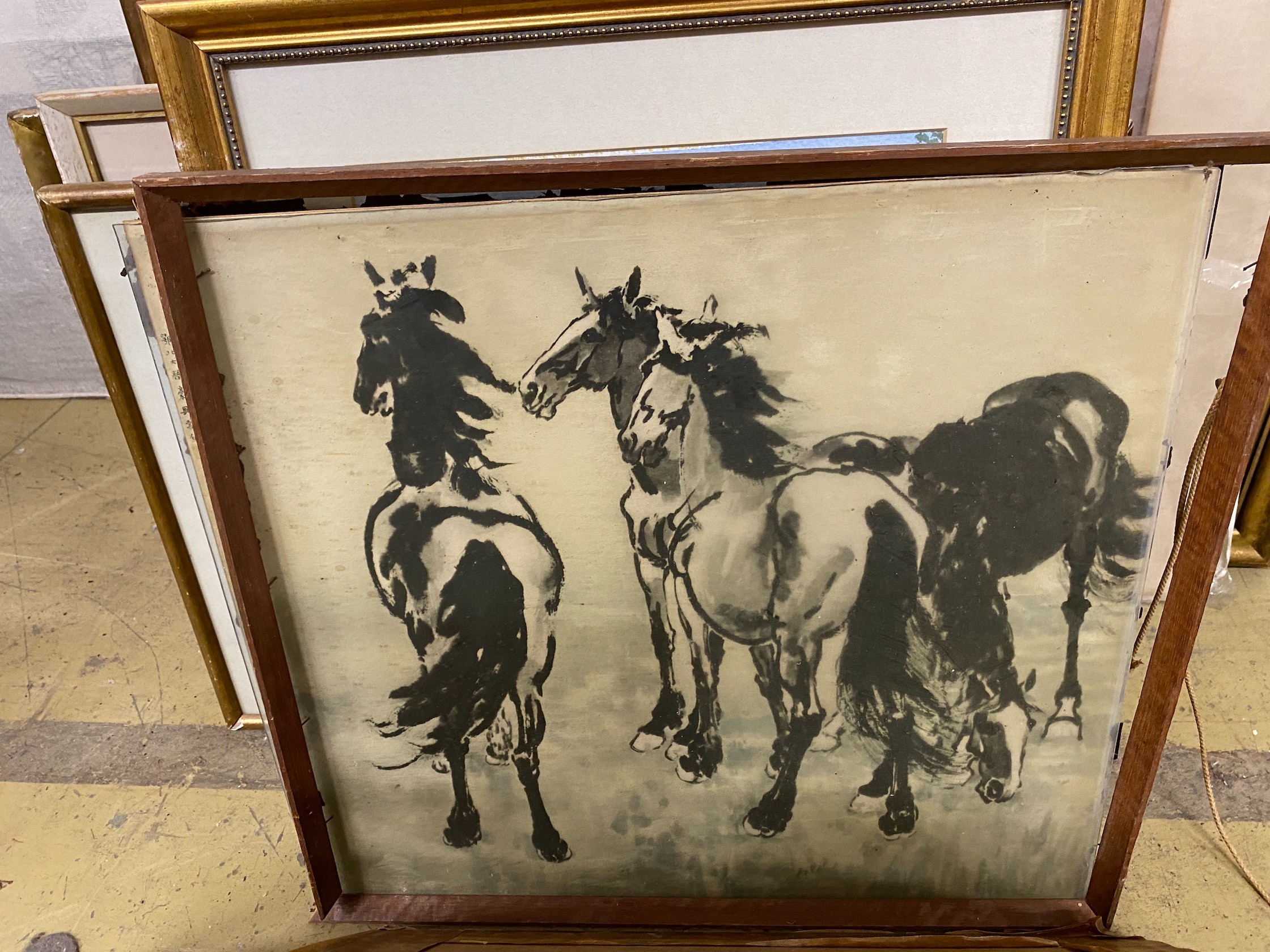 A collection of assorted watercolours, oil and prints